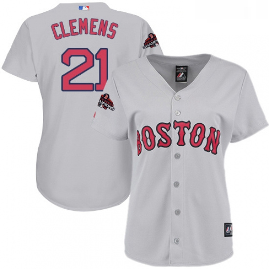 Womens Majestic Boston Red Sox 21 Roger Clemens Authentic Grey Road 2018 World Series Champions MLB 