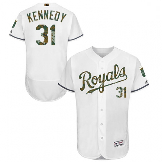 Mens Majestic Kansas City Royals 31 Ian Kennedy Authentic White 2016 Memorial Day Fashion Flex Base 