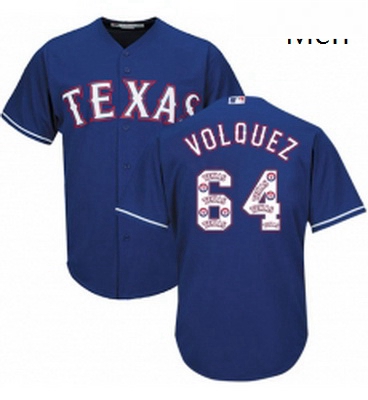 Mens Majestic Texas Rangers 64 Edinson Volquez Authentic Royal Blue Team Logo Fashion Cool Base MLB 