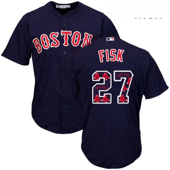 Mens Majestic Boston Red Sox 27 Carlton Fisk Authentic Navy Blue Team Logo Fashion Cool Base MLB Jer