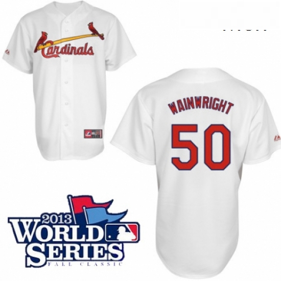 Mens Majestic St Louis Cardinals 50 Adam Wainwright Replica White Cool Base 2013 World Series Patch 