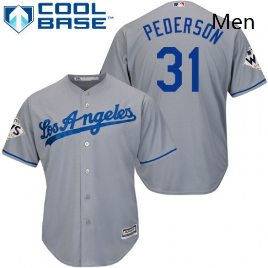 Mens Majestic Los Angeles Dodgers 31 Joc Pederson Replica Grey Road 2017 World Series Bound Cool Bas