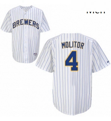 Mens Majestic Milwaukee Brewers 4 Paul Molitor Replica White blue strip MLB Jersey