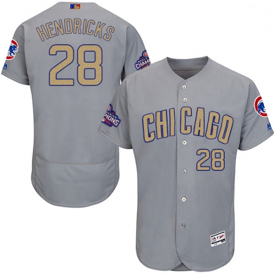 Mens Majestic Chicago Cubs 28 Kyle Hendricks Gray 2017 Gold Champion Flexbase Authentic Collection M