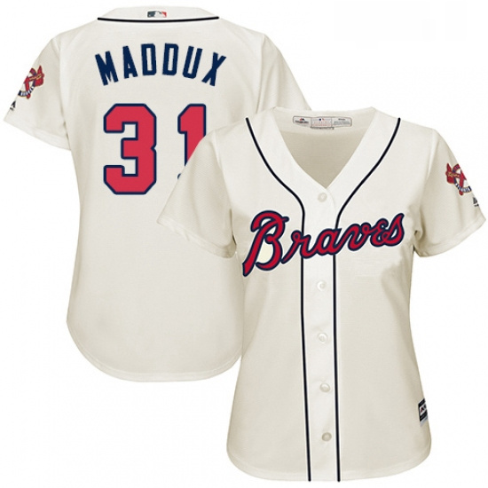 Womens Majestic Atlanta Braves 31 Greg Maddux Authentic Cream Alternate 2 Cool Base MLB Jersey