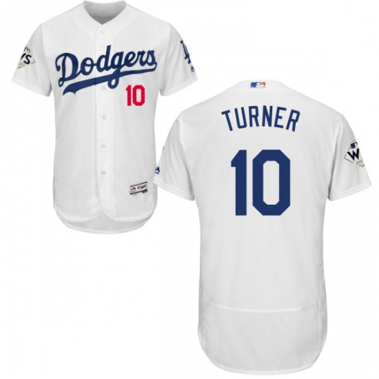 Mens Majestic Los Angeles Dodgers 10 Justin Turner Authentic White Home 2017 World Series Bound Flex