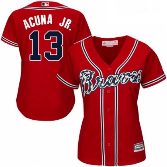 Womens Majestic Atlanta Braves 13 Ronald Acuna Jr Authentic Red Alternate Cool Base MLB Jersey