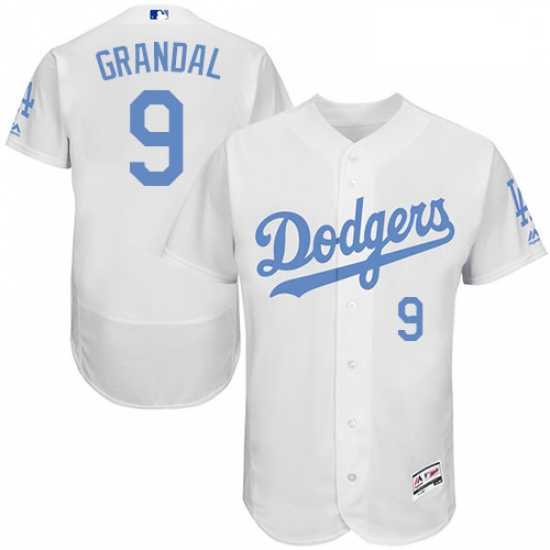 Mens Majestic Los Angeles Dodgers 9 Yasmani Grandal Authentic White 2016 Fathers Day Fashion Flex Ba