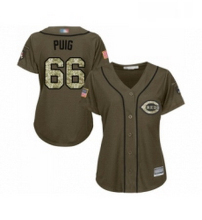 Womens Cincinnati Reds 66 Yasiel Puig Authentic Green Salute to Service Baseball Jersey