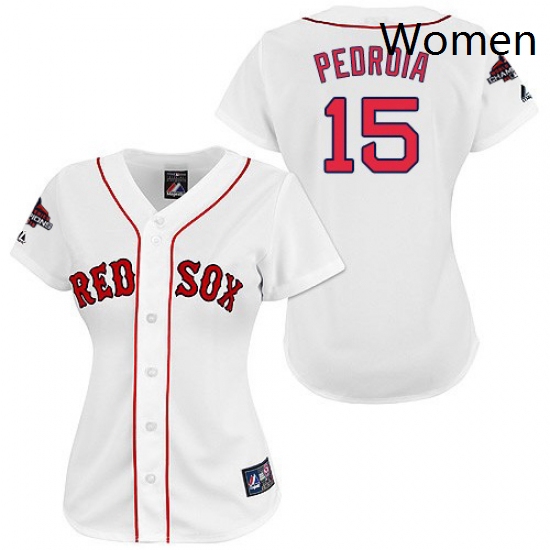 Womens Majestic Boston Red Sox 15 Dustin Pedroia Authentic White 2018 World Series Champions MLB Jer