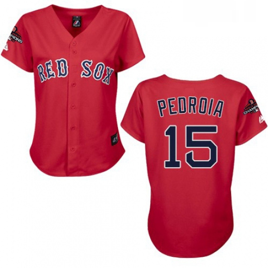 Womens Majestic Boston Red Sox 15 Dustin Pedroia Authentic Red 2018 World Series Champions MLB Jerse