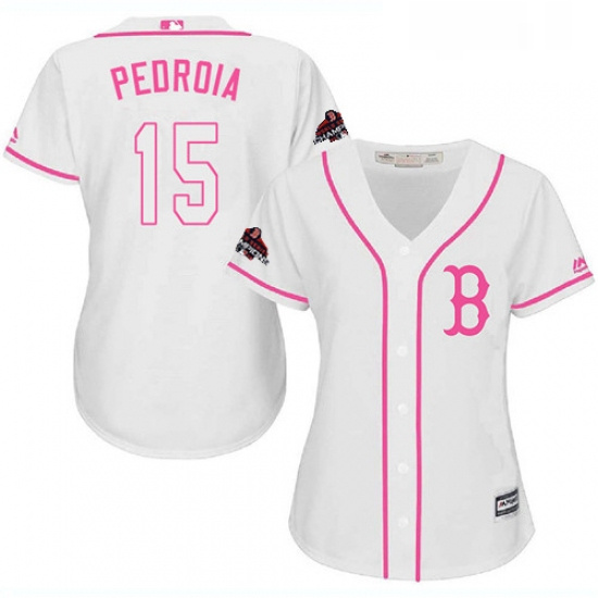 Womens Majestic Boston Red Sox 15 Dustin Pedroia Authentic White Fashion 2018 World Series Champions