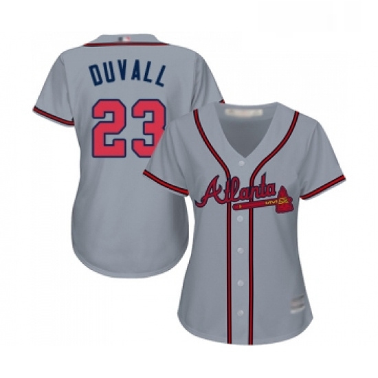 Womens Atlanta Braves 23 Adam Duvall Replica Grey Road Cool Base Baseball Jersey