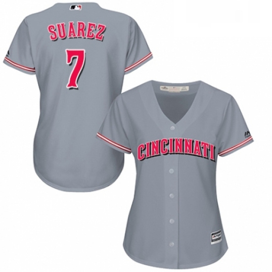 Womens Majestic Cincinnati Reds 7 Eugenio Suarez Replica Grey Road Cool Base MLB Jersey