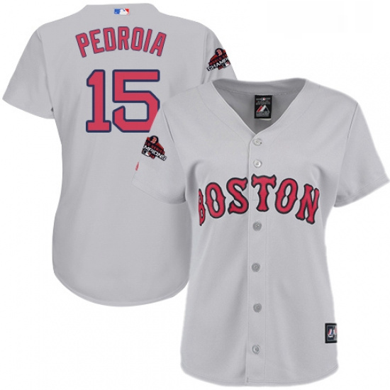 Womens Majestic Boston Red Sox 15 Dustin Pedroia Authentic Grey 2018 World Series Champions MLB Jers