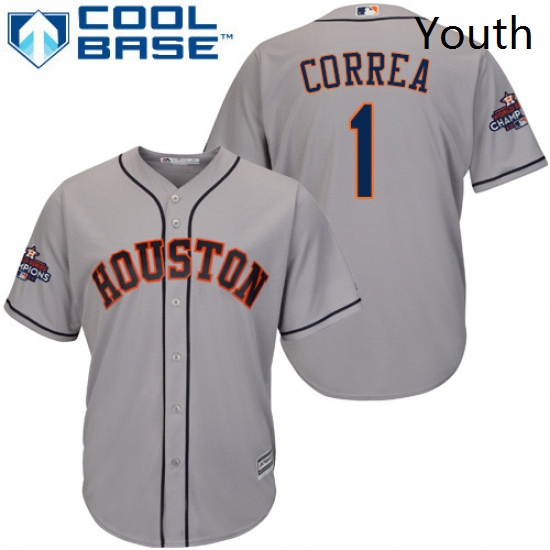 Youth Majestic Houston Astros 1 Carlos Correa Replica Grey Road 2017 World Series Champions Cool Bas