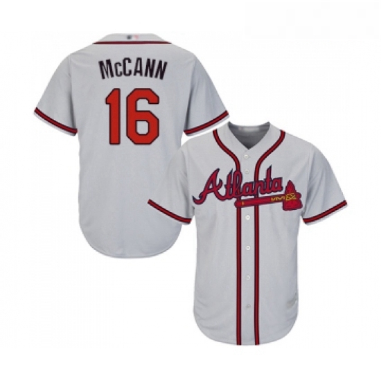 Youth Atlanta Braves 16 Brian McCann Replica Grey Road Cool Base Baseball Jersey