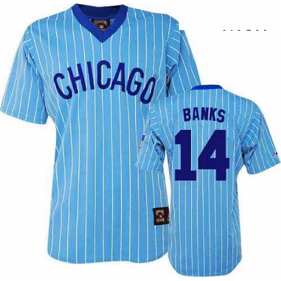 Mens Majestic Chicago Cubs 14 Ernie Banks Replica BlueWhite Strip Cooperstown Throwback MLB Jersey