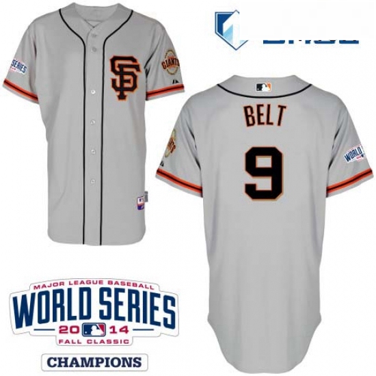 Mens Majestic San Francisco Giants 9 Brandon Belt Authentic Grey Road 2 Cool Base w2014 World Series