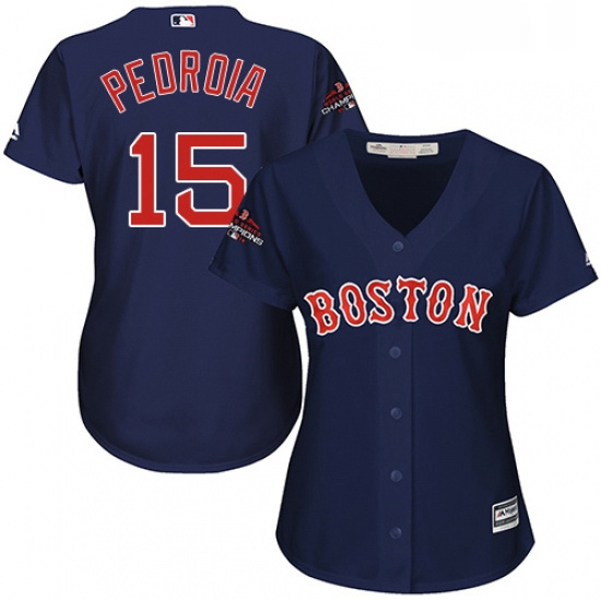 Womens Majestic Boston Red Sox 15 Dustin Pedroia Authentic Navy Blue Alternate Road 2018 World Serie