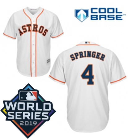 Mens Majestic Houston Astros 4 George Springer Replica White Home Cool Base Sitched 2019 World Serie