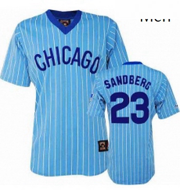 Mens Majestic Chicago Cubs 23 Ryne Sandberg Authentic BlueWhite Strip Cooperstown Throwback MLB Jers