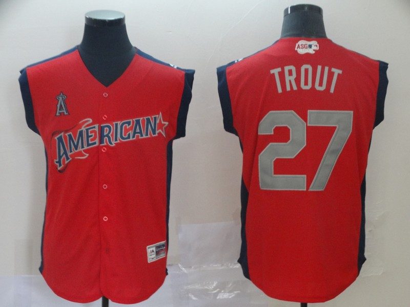 American League 27 Mike Trout Red 2019 MLB all star Game Workout Player Jersey