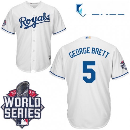 Mens Majestic Kansas City Royals 5 George Brett Replica White Home Cool Base 2015 World Series Patch