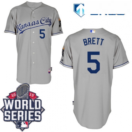 Mens Majestic Kansas City Royals 5 George Brett Replica Grey Road Cool Base 2015 World Series