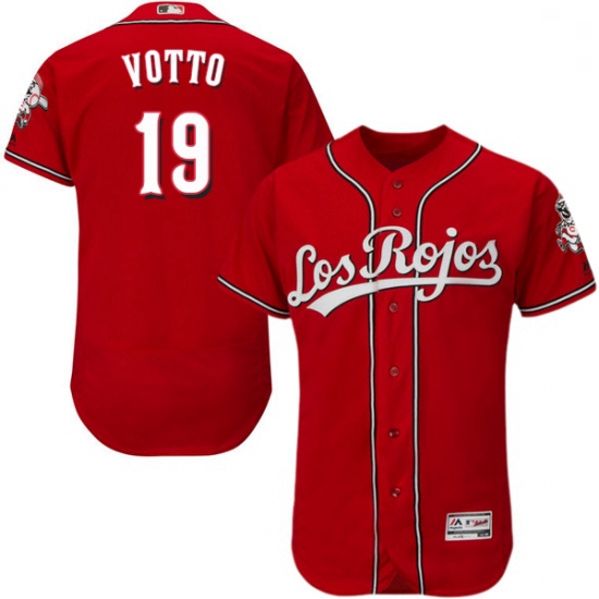 Mens Majestic Cincinnati Reds 19 Joey Votto Red Los Rojos Flexbase Authentic Collection MLB Jersey