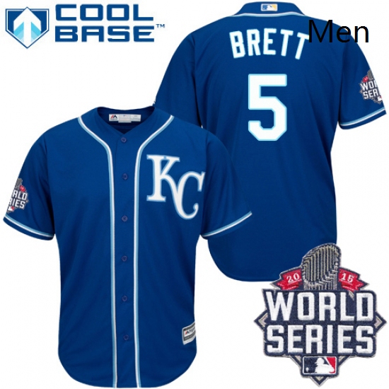 Mens Majestic Kansas City Royals 5 George Brett Replica Blue Alternate 2 Cool Base 2015 World Series