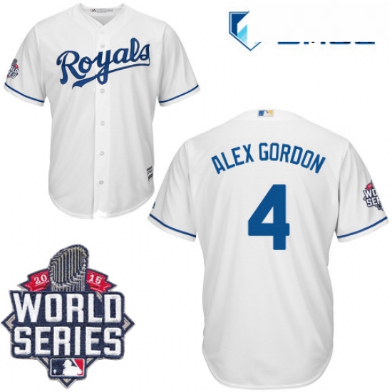 Mens Majestic Kansas City Royals 4 Alex Gordon Replica White Home Cool Base 2015 World Series