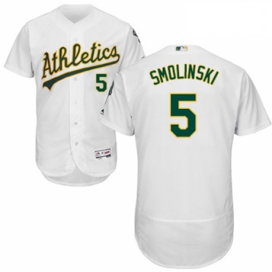 Mens Majestic Oakland Athletics 5 Jake Smolinski White Home Flex Base Authentic Collection MLB Jerse