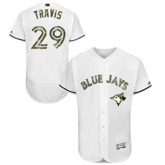 Mens Majestic Toronto Blue Jays 29 Devon Travis Authentic White 2016 Memorial Day Fashion Flex Base 