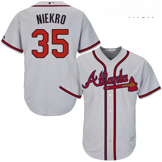 Mens Majestic Atlanta Braves 35 Phil Niekro Replica Grey Road Cool Base MLB Jersey