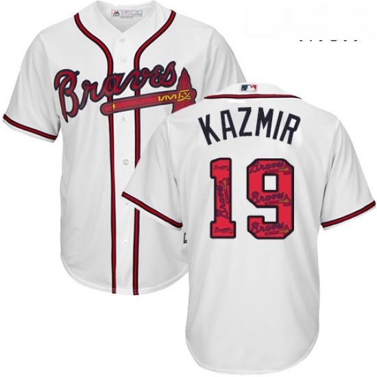 Mens Majestic Atlanta Braves 19 Scott Kazmir Authentic White Team Logo Fashion Cool Base MLB Jersey