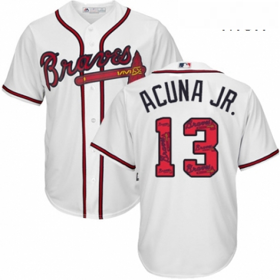 Mens Majestic Atlanta Braves 13 Ronald Acuna Jr Authentic White Team Logo Fashion Cool Base MLB Jers