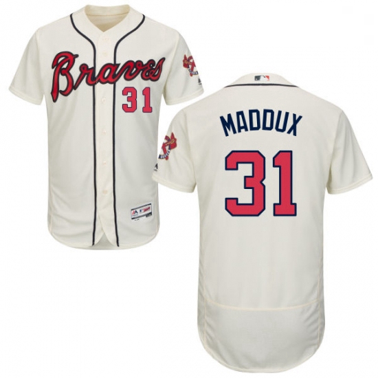 Mens Majestic Atlanta Braves 31 Greg Maddux Cream Alternate Flex Base Authentic Collection MLB Jerse