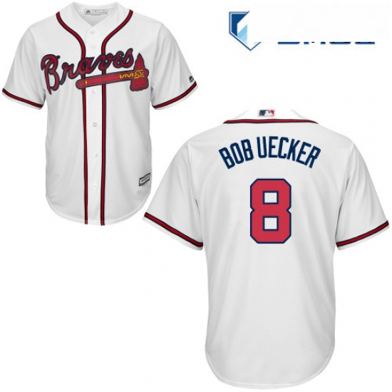 Mens Majestic Atlanta Braves 8 Bob Uecker Replica White Home Cool Base MLB Jersey