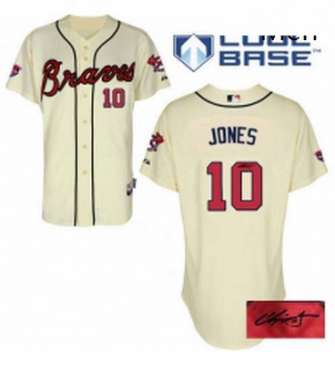 Mens Majestic Atlanta Braves 10 Chipper Jones Authentic Cream Alternate Cool Base Autographed MLB Je