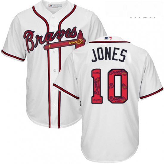 Mens Majestic Atlanta Braves 10 Chipper Jones Authentic White Team Logo Fashion Cool Base MLB Jersey