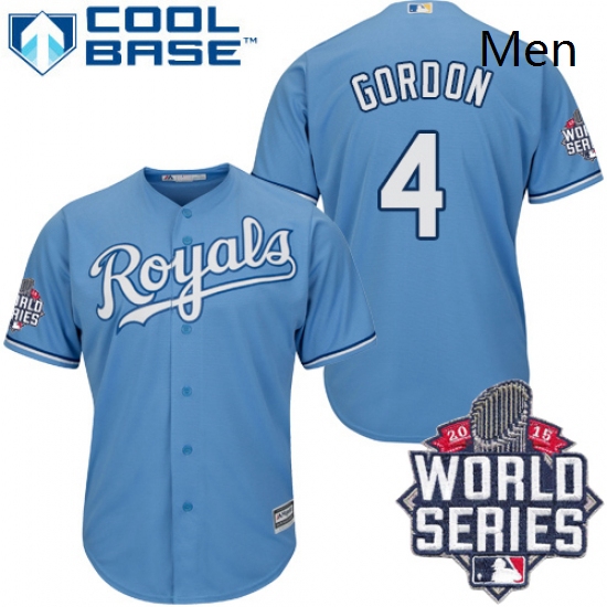 Mens Majestic Kansas City Royals 4 Alex Gordon Authentic Light Blue Alternate 1 Cool Base 2015 World