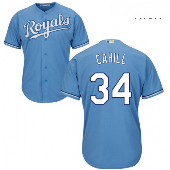 Mens Majestic Kansas City Royals 34 Trevor Cahill Replica Light Blue Alternate 1 Cool Base MLB Jerse