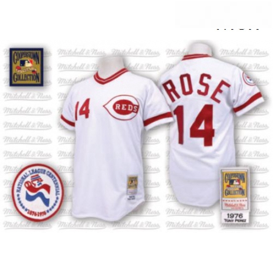 Mens Mitchell and Ness Cincinnati Reds 14 Pete Rose Authentic White Throwback MLB Jersey