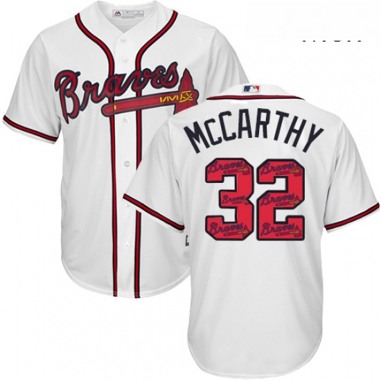 Mens Majestic Atlanta Braves 32 Brandon McCarthy Authentic White Team Logo Fashion Cool Base MLB Jer