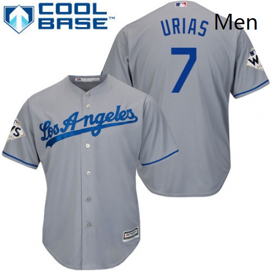 Mens Majestic Los Angeles Dodgers 7 Julio Urias Replica Grey Road 2017 World Series Bound Cool Base 