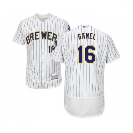 Mens Milwaukee Brewers 16 Ben Gamel White Home Flex Base Authentic Collection Baseball Jersey