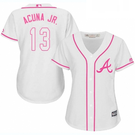 Womens Majestic Atlanta Braves 13 Ronald Acuna Jr Replica White Fashion Cool Base MLB Jersey