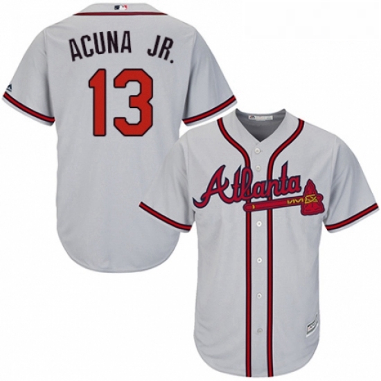 Youth Majestic Atlanta Braves 13 Ronald Acuna Jr Authentic Grey Road Cool Base MLB Jersey