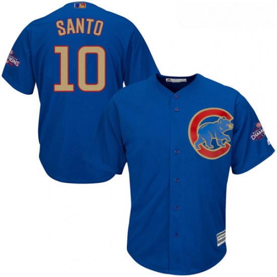 Youth Majestic Chicago Cubs 10 Ron Santo Authentic Royal Blue 2017 Gold Champion Cool Base MLB Jerse
